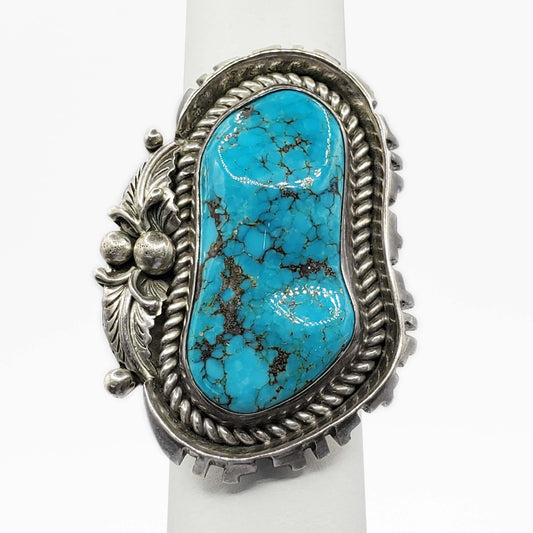 Navajo Style Natural Turquoise Freeform Cabochon Ring Sterling Silver Size 8.25