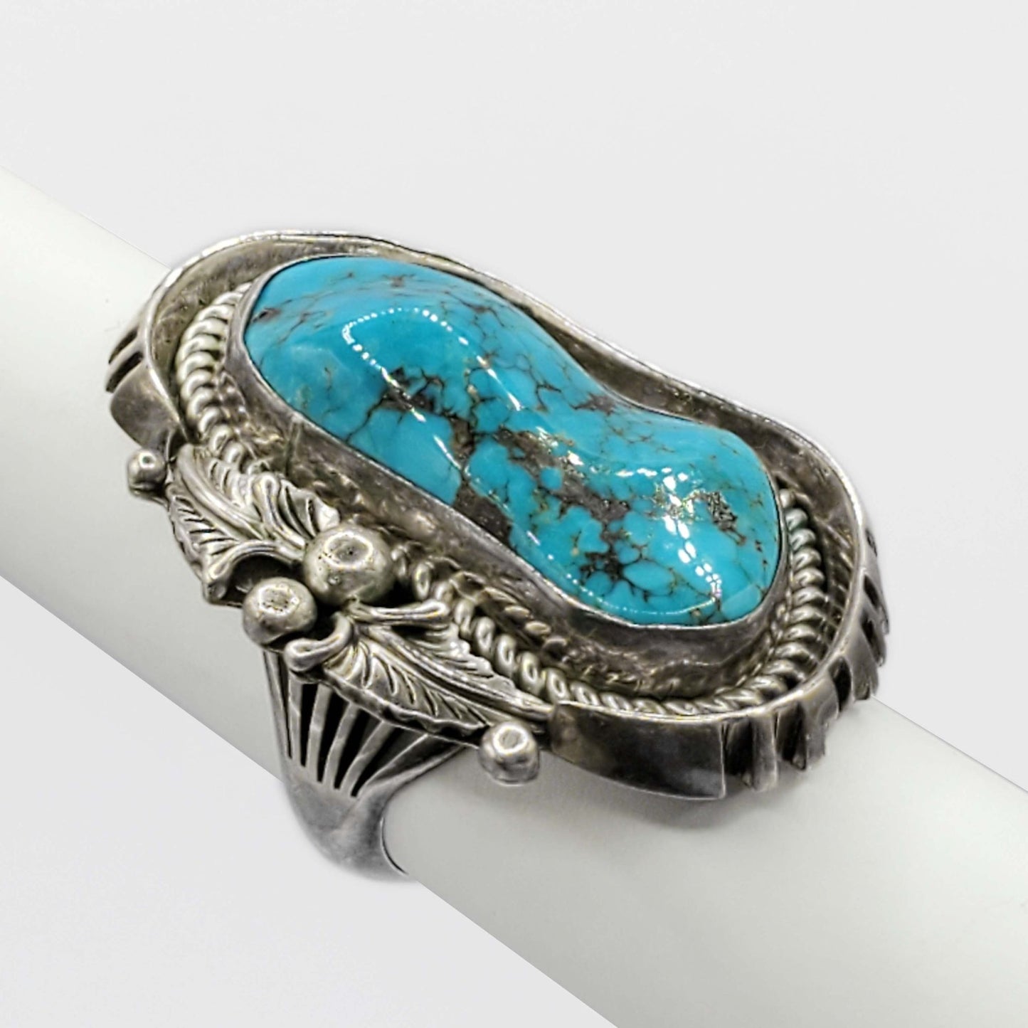 Navajo Style Natural Turquoise Freeform Cabochon Ring Sterling Silver Size 8.25