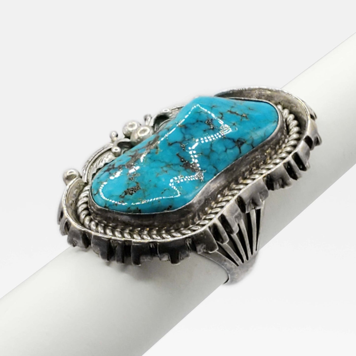 Navajo Style Natural Turquoise Freeform Cabochon Ring Sterling Silver Size 8.25