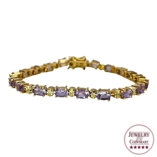 925 Sterling Silver Gold Vermeil Natural Oval Amethyst Tennis Bracelet Formal