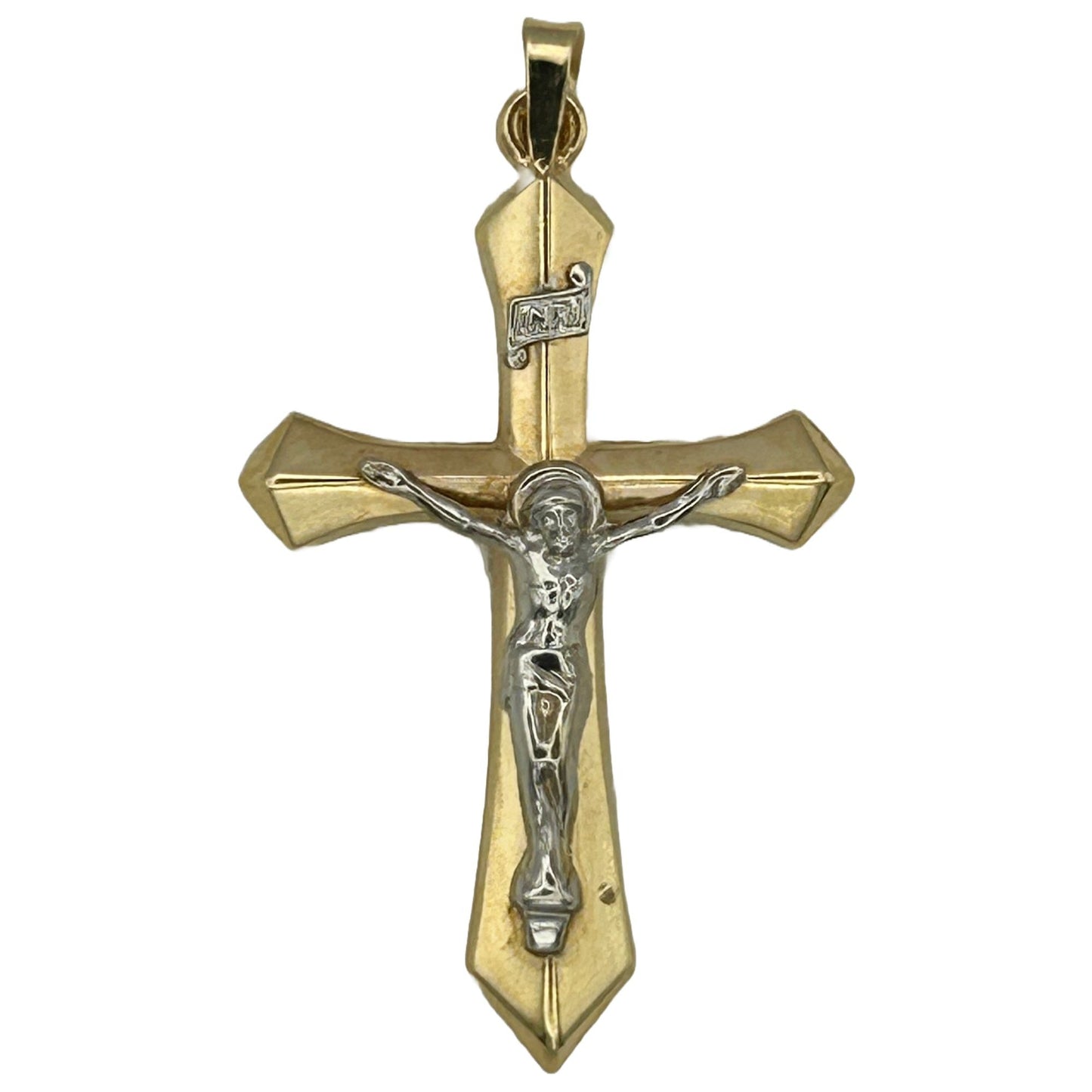 Italian 14k Yellow Gold INRI Crucifix Cross Charm Pendant 1.5" 1.3 grams