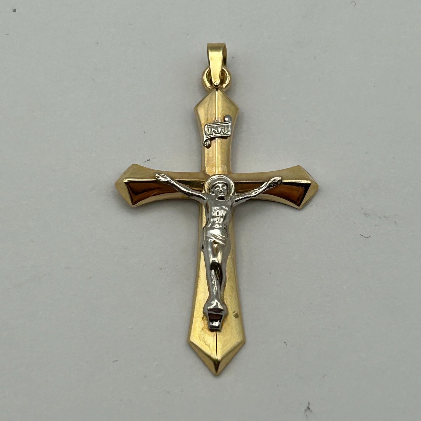 Italian 14k Yellow Gold INRI Crucifix Cross Charm Pendant 1.5" 1.3 grams