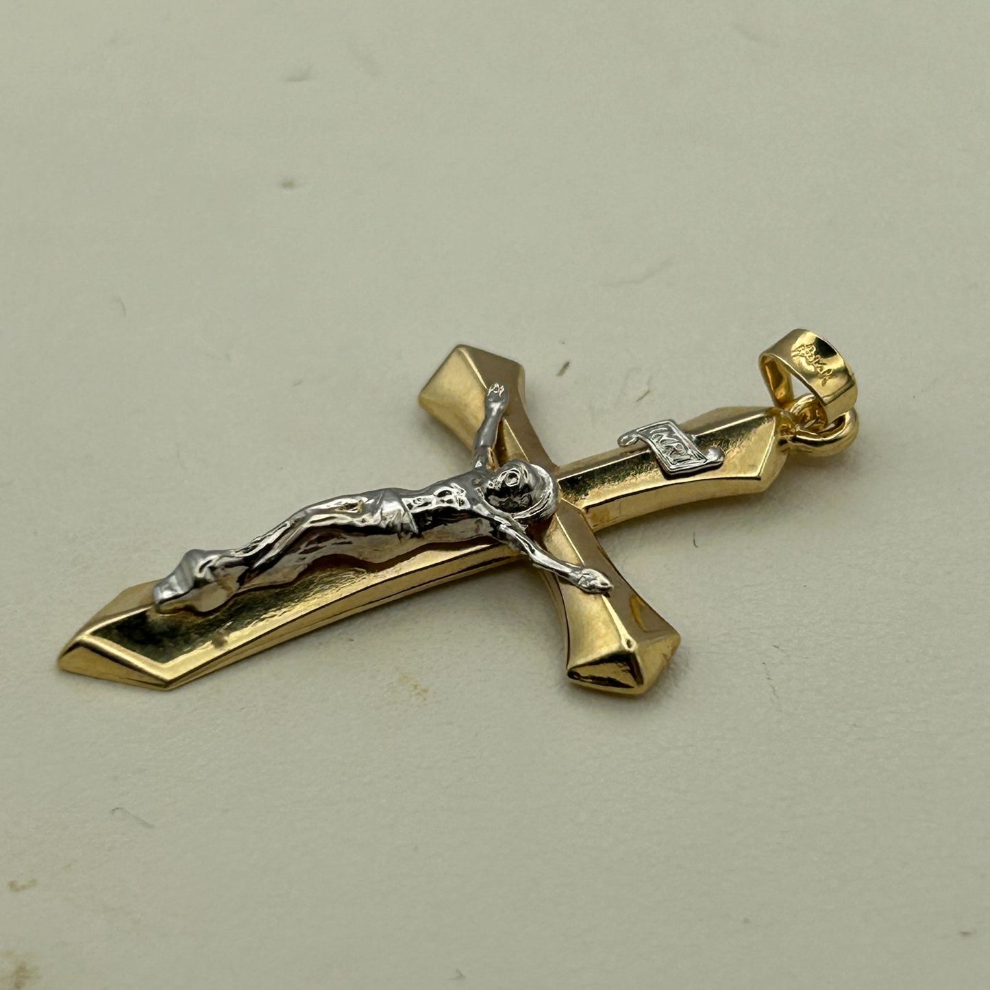 Italian 14k Yellow Gold INRI Crucifix Cross Charm Pendant 1.5" 1.3 grams