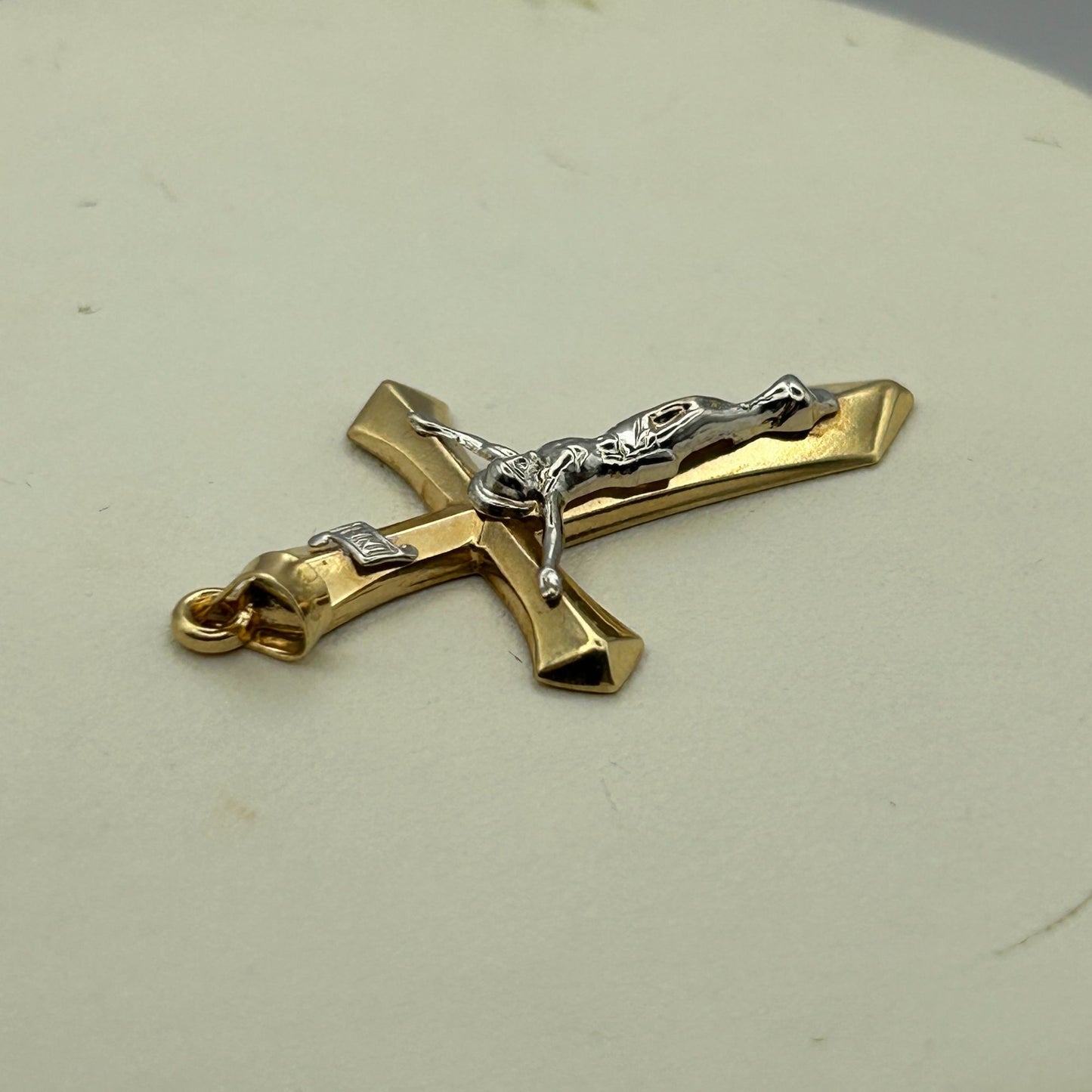 Italian 14k Yellow Gold INRI Crucifix Cross Charm Pendant 1.5" 1.3 grams