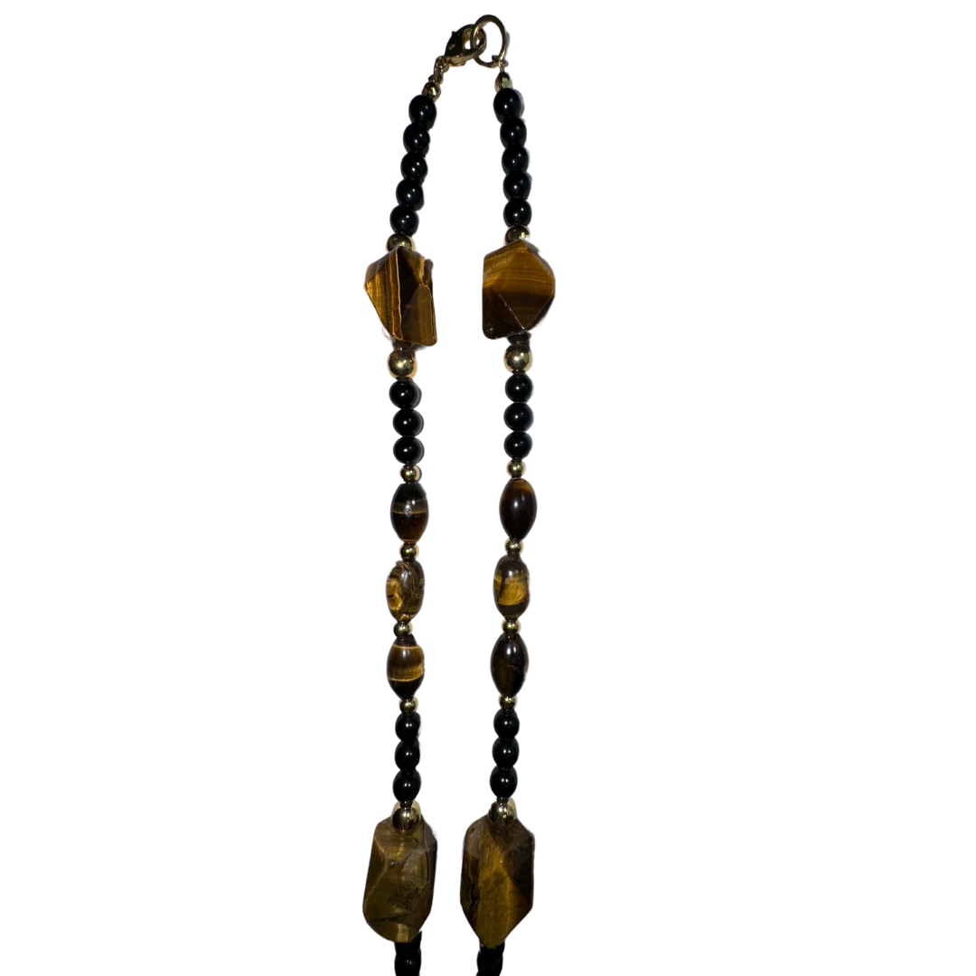 Tiger's Eye Quartz and Black Onyx Beaded Necklace