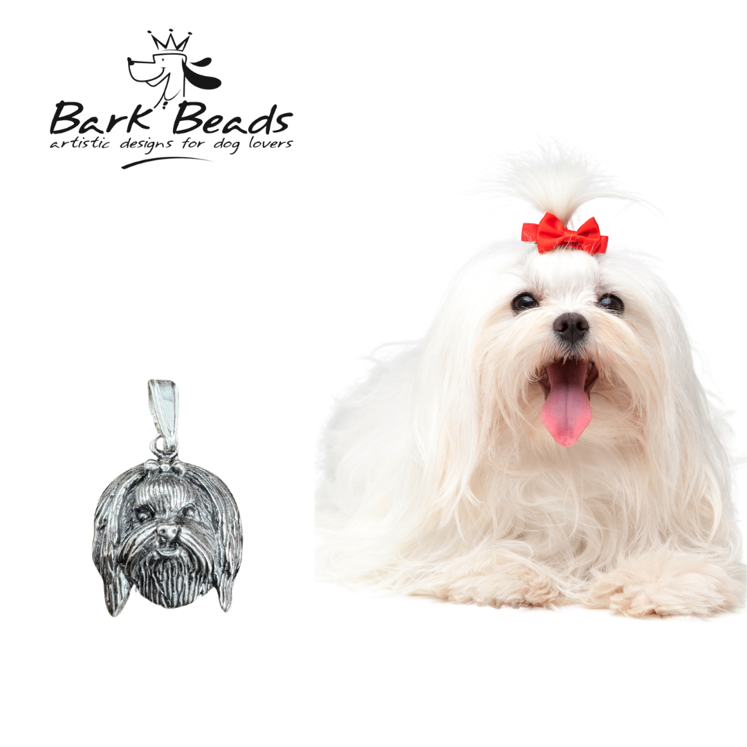 SS Longhaired Maltese w/bow Bark Beads Pendant