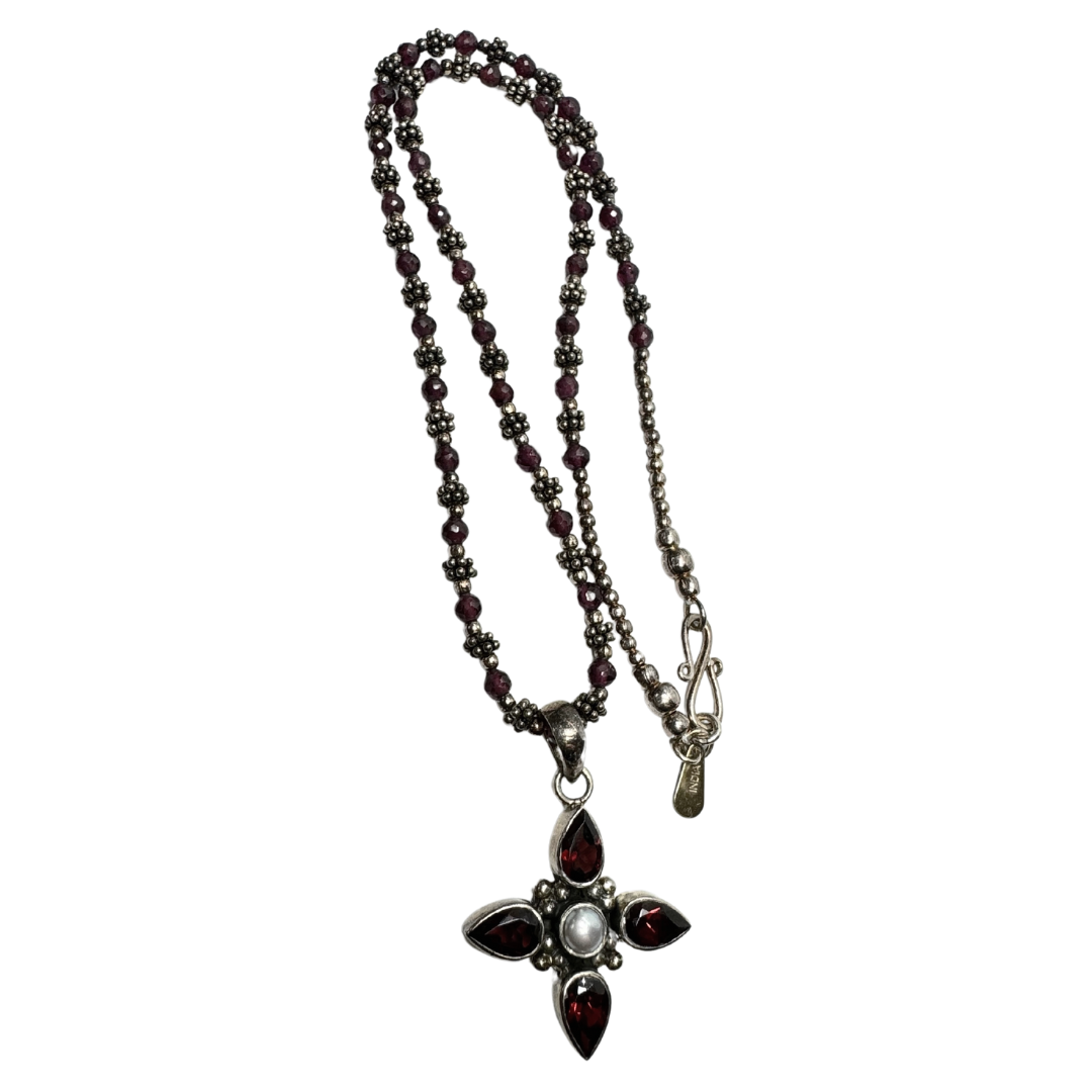 Faceted Garnet and Cultured Pearl 925 SS Necklace