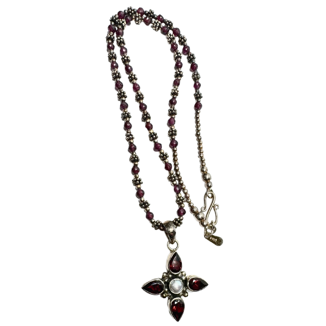 Faceted Garnet and Cultured Pearl 925 SS Necklace