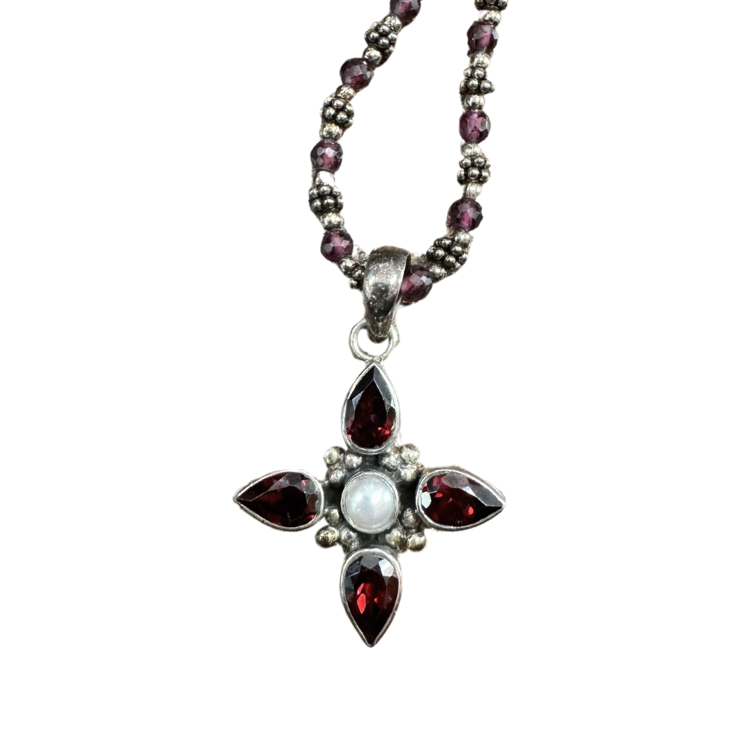 Faceted Garnet and Cultured Pearl 925 SS Necklace