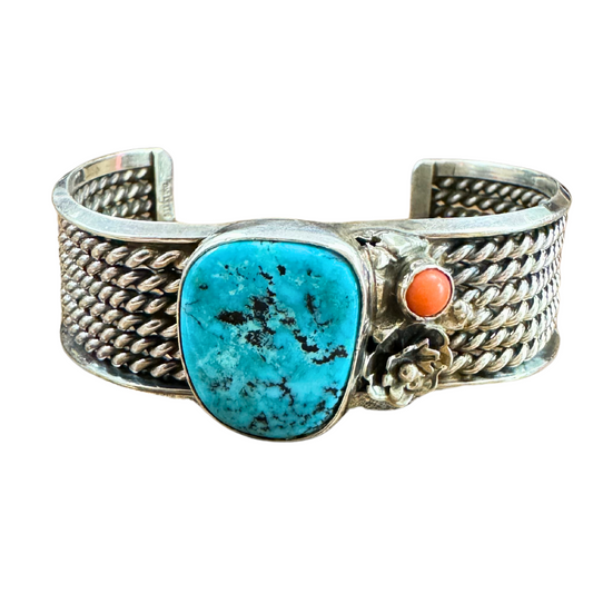 Julia Cadman Vintage Navajo Turquoise Coral Flower Roped SS Cuff Bracelet