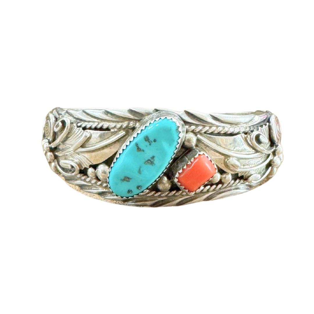 Native American Turquoise Coral Spider SS Cuff Bracelet by Luciano Chavez