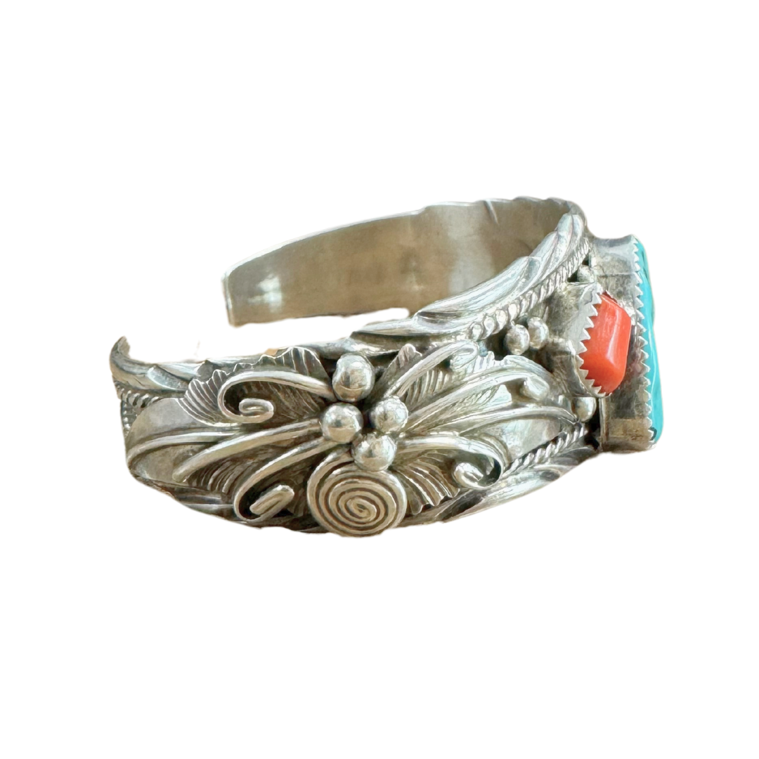 Native American Turquoise Coral Spider SS Cuff Bracelet by Luciano Chavez