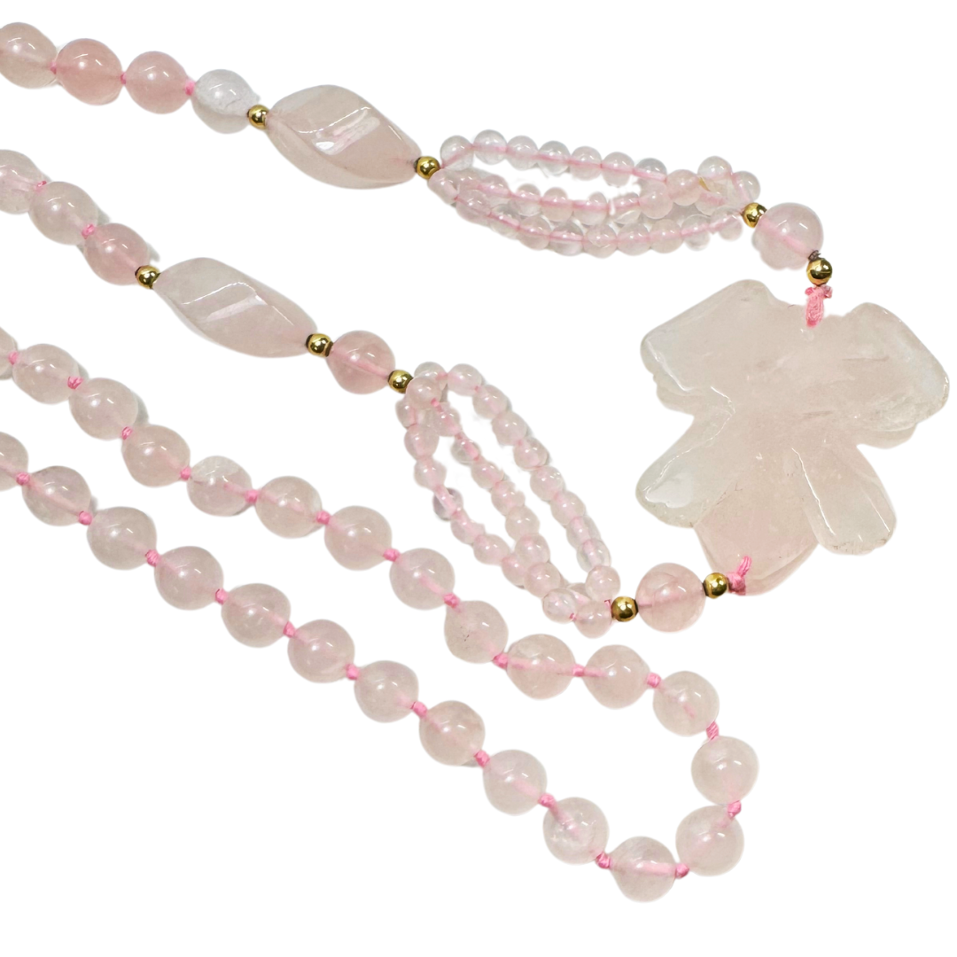 Vtg. Hand carved Chinese Rose Quartz & Gold Bead Frog Necklace