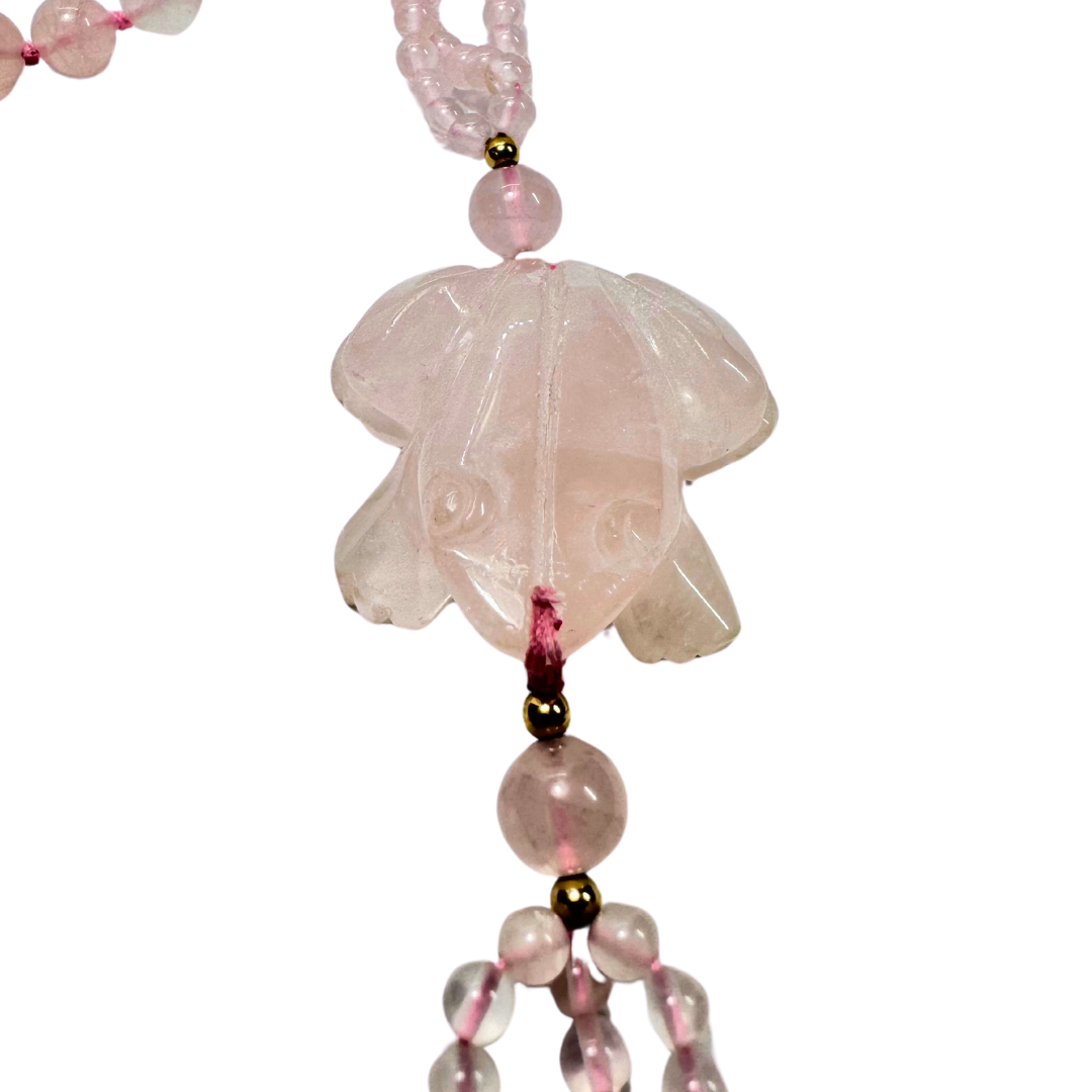 Vtg. Hand carved Chinese Rose Quartz & Gold Bead Frog Necklace