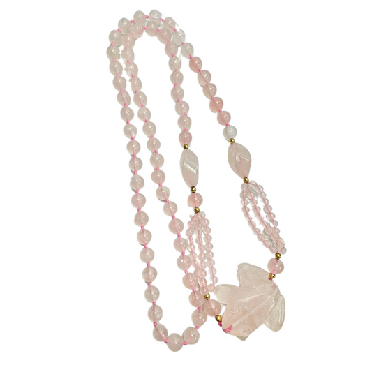 Vtg. Hand carved Chinese Rose Quartz & Gold Bead Frog Necklace