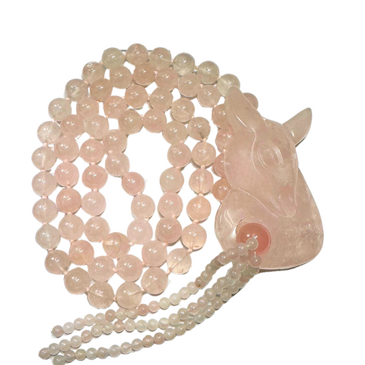 Vtg. Hand carved Chinese Rose Quartz & Gold Bead Donkey Horse Necklace