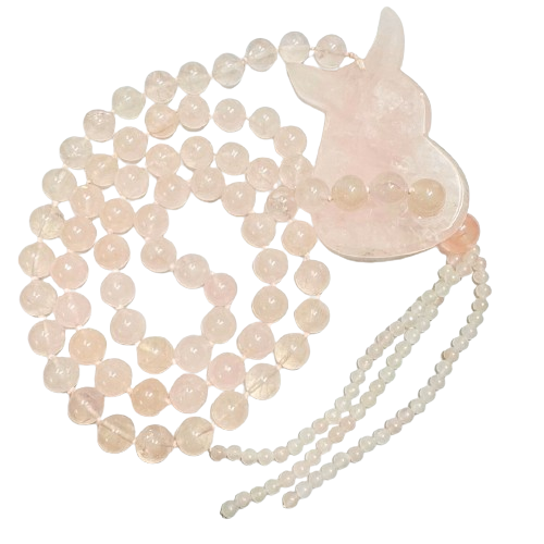 Vtg. Hand carved Chinese Rose Quartz & Gold Bead Donkey Horse Necklace