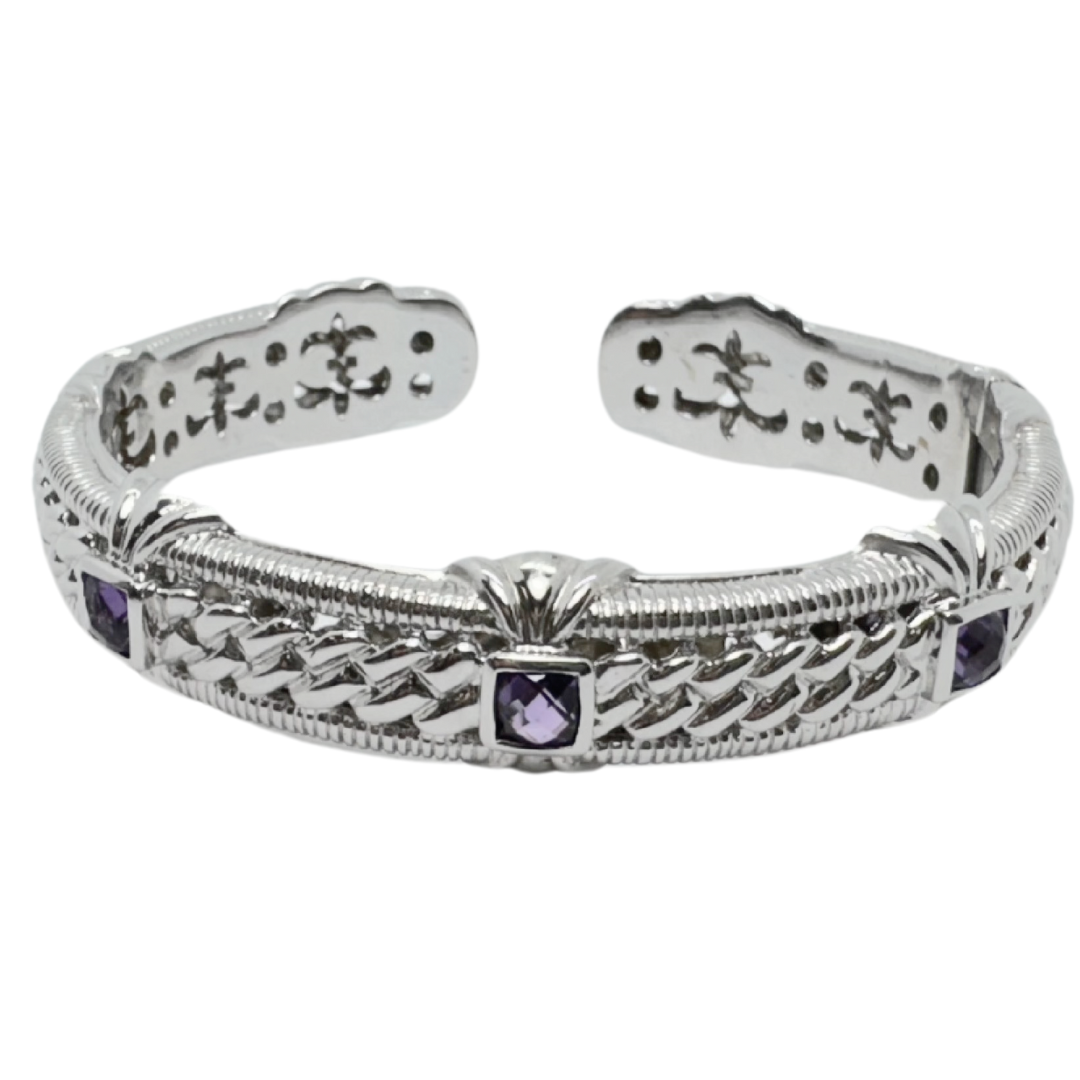 Judith Ripka Amethyst SS Hinged Wide Cuff Checker Cut Bracelet