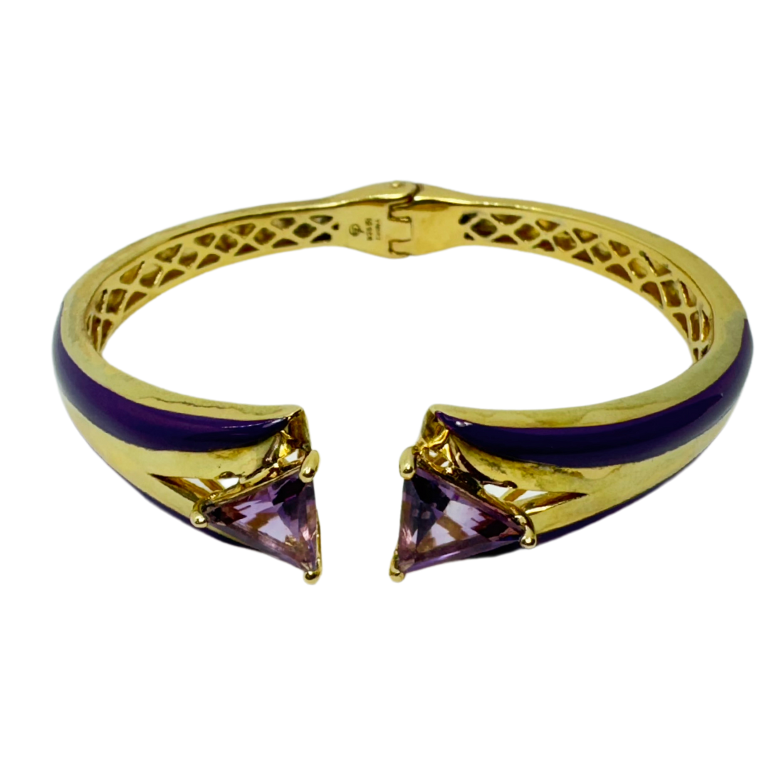 SS Gold Vermeil Amethyst Inlay Hinged Cuff Bracelet