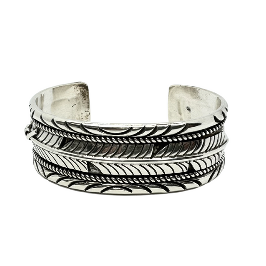 Navajo Twisted Rope Feather Sterling Silver Cuff Bracelet