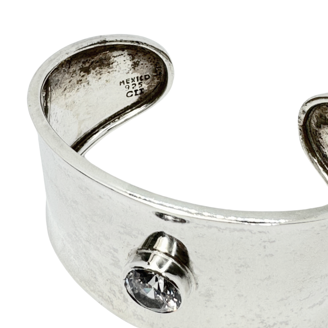 CII Mexico Sterling Silver Convex Wide Cuff Bracelet with Center Crystal