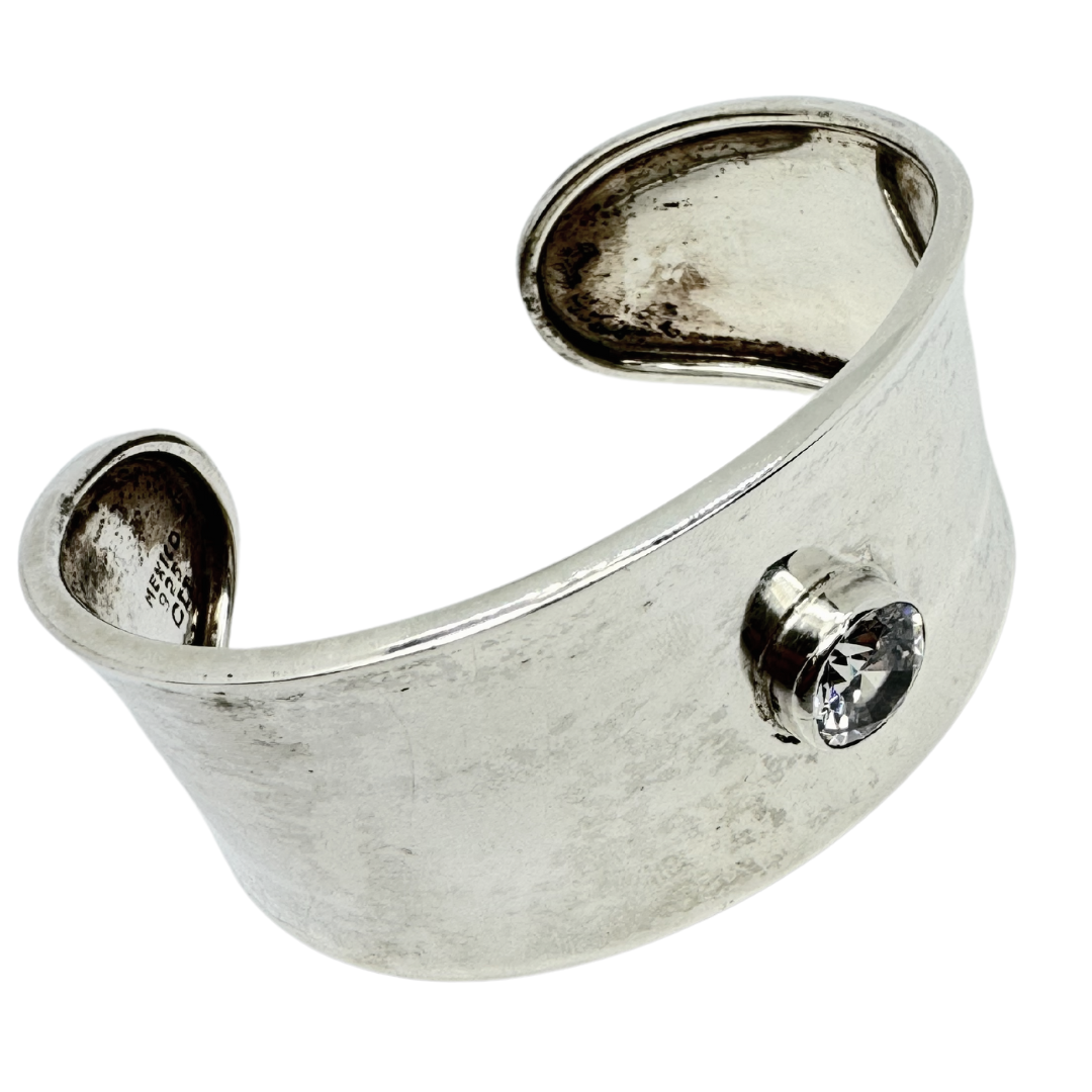 CII Mexico Sterling Silver Convex Wide Cuff Bracelet with Center Crystal