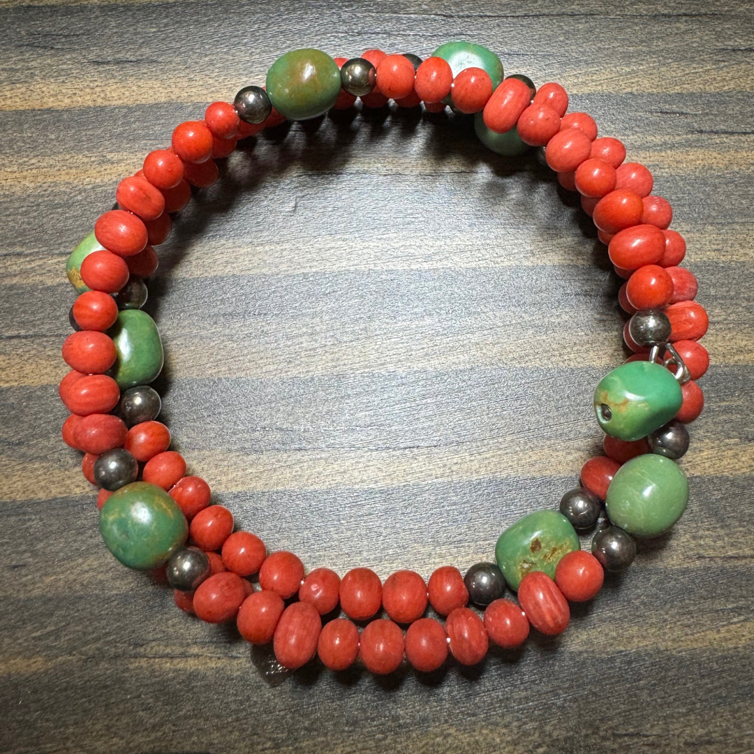 Southwestern Q.T. Coral and Turquoise SS Branch Bracelet