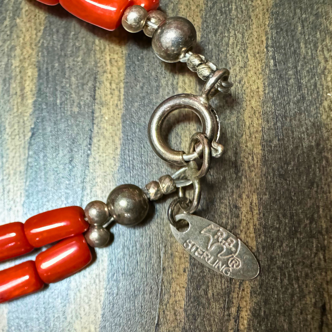 Native Running Bear R.B. Sterling Silver Coral Bead & Turquoise Bracelet