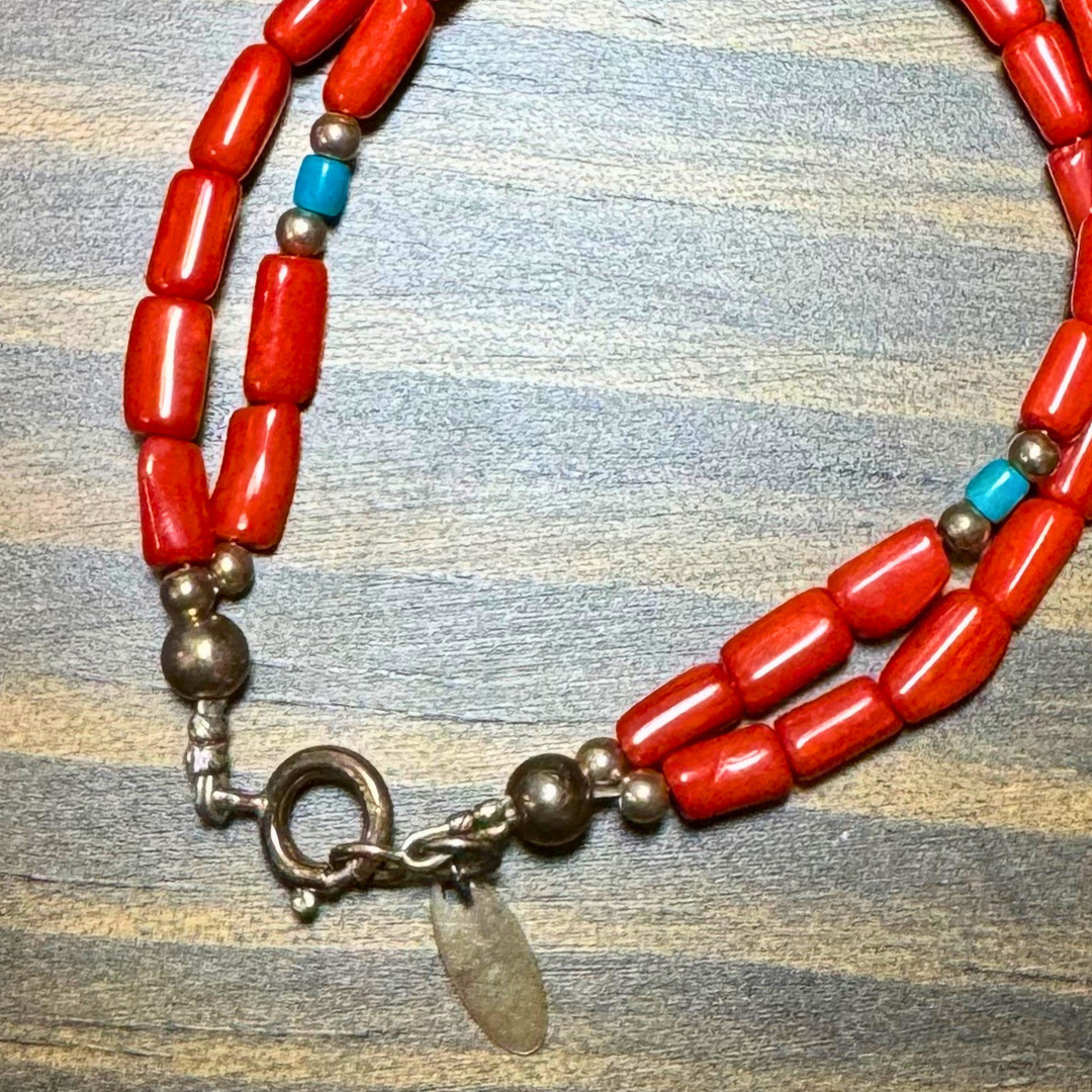 Native Running Bear R.B. Sterling Silver Coral Bead & Turquoise Bracelet