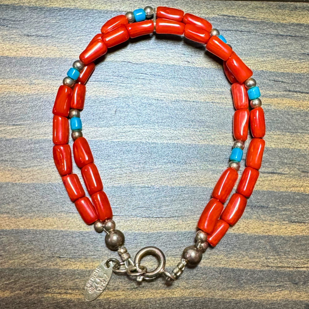 Native Running Bear R.B. Sterling Silver Coral Bead & Turquoise Bracelet