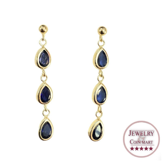 14K Yellow Gold Sapphire Gemstone Pear Teardrop Dangle Earrings