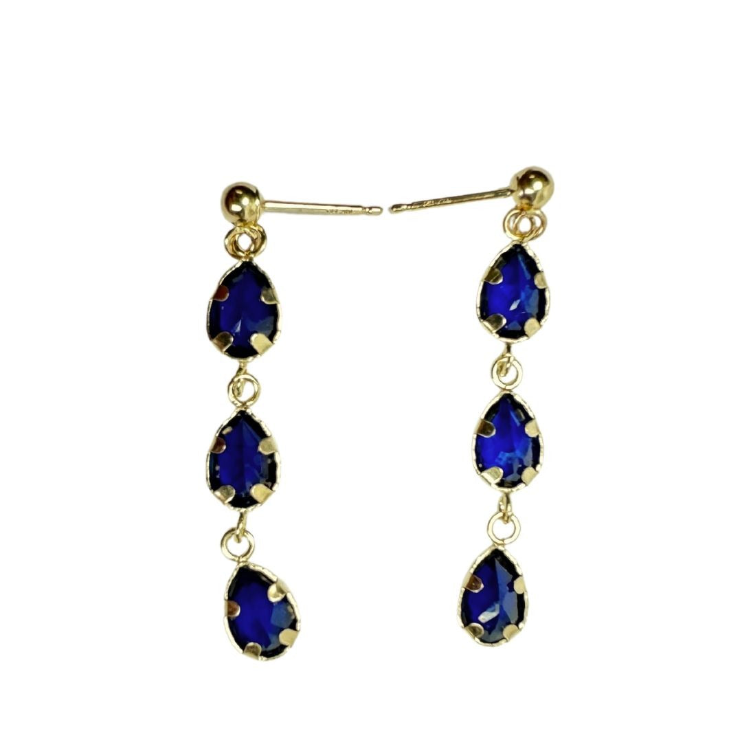 14K Yellow Gold Sapphire Gemstone Pear Teardrop Dangle Earrings