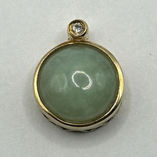 Natural Jade 10k Gold Round Pendant Charm with Small CZ stone