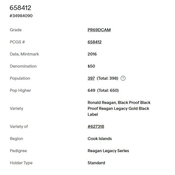 2016 $50 1/4oz .9999 Gold Ronald Reagan Legacy Gold PCGS PR69 DCAM - Black Proof