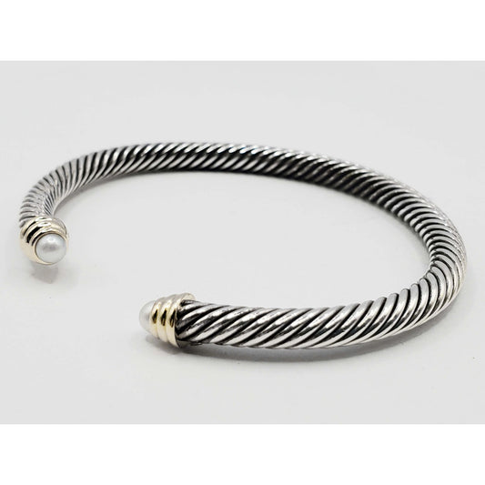 David Yurman Classic Cable Cuff Bracelet 5mm Pearl Sterling Silver 14k Large