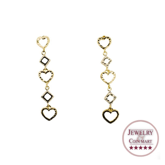 14k Gold Tri-Tone Etched Heart Dangle Earrings