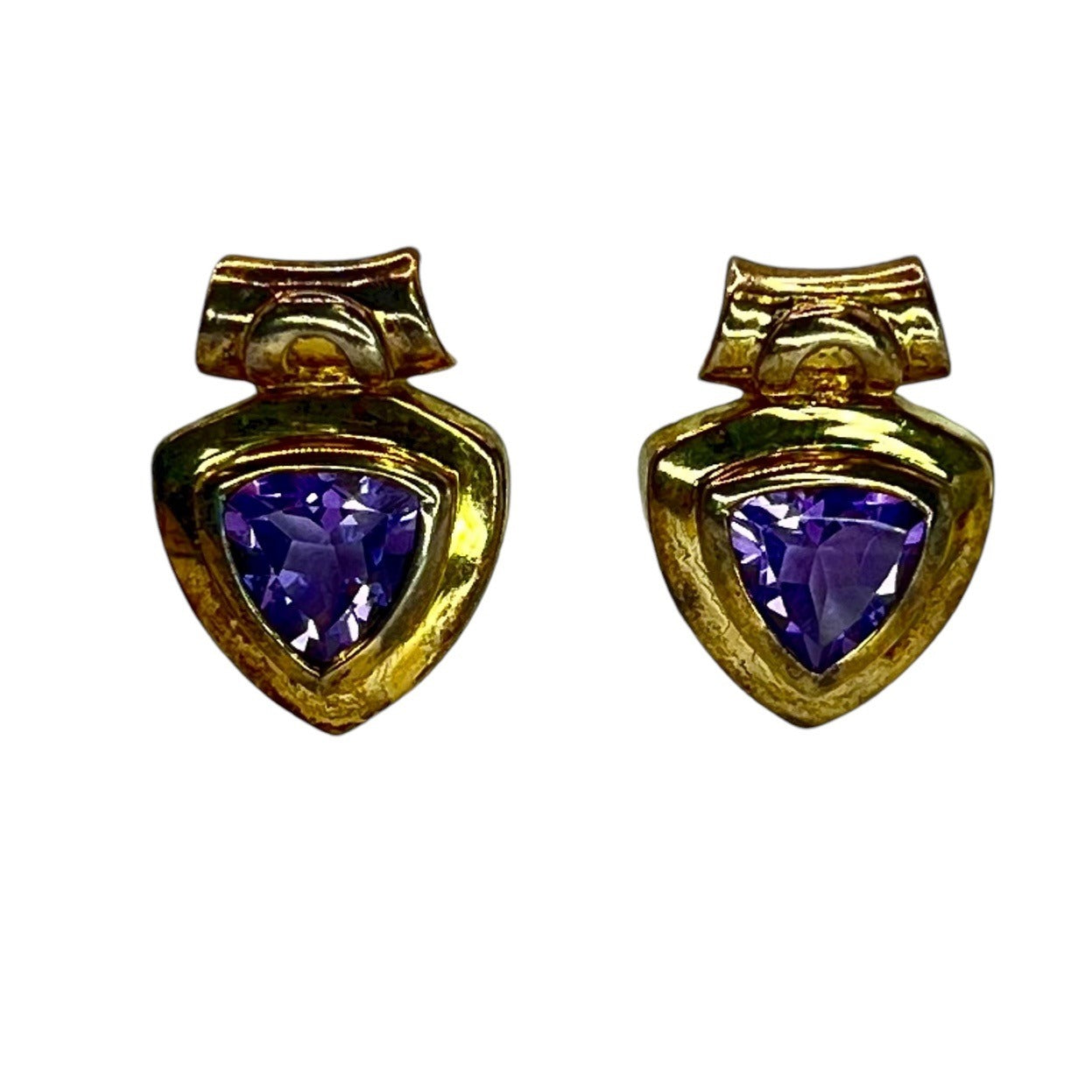 Sterling Silver Gold Layered Amethyst Stud Earrings Purple Colorful Triangular