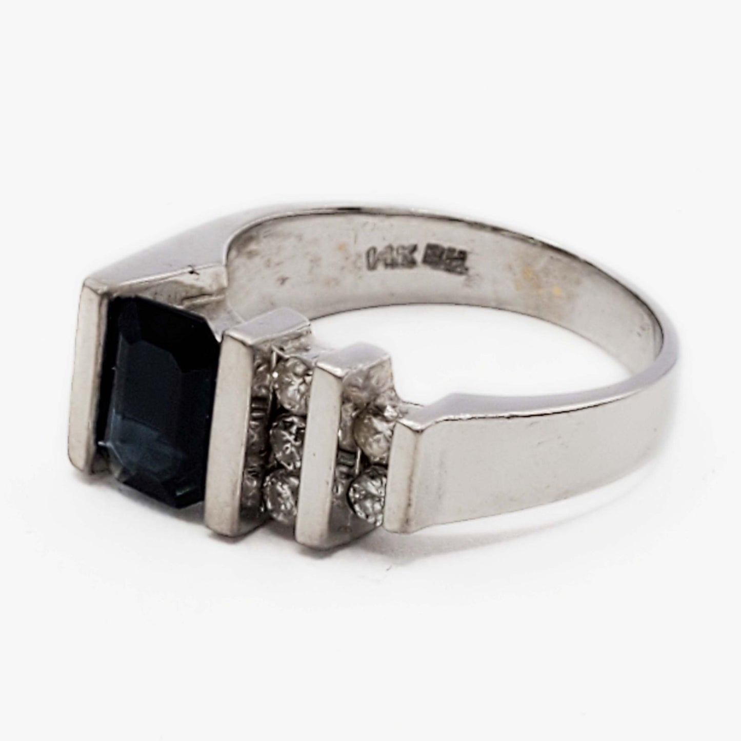 Natural No Heat Em-Cut Sapphire & Diamond Accent Ring 14k White Gold Size 6.75