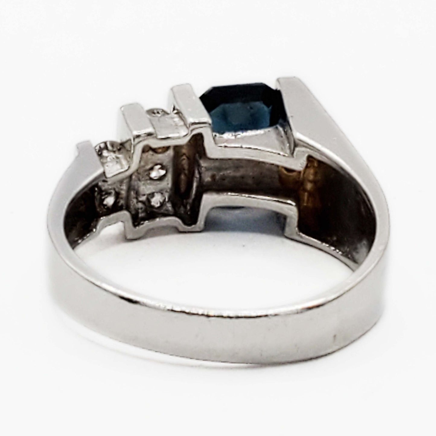 Natural No Heat Em-Cut Sapphire & Diamond Accent Ring 14k White Gold Size 6.75