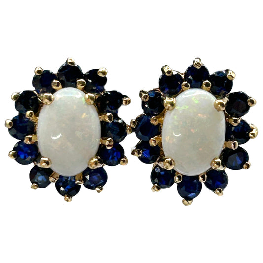 0.7ctw Natural Sapphire & Opal 14k Yellow Gold Stud Earrings