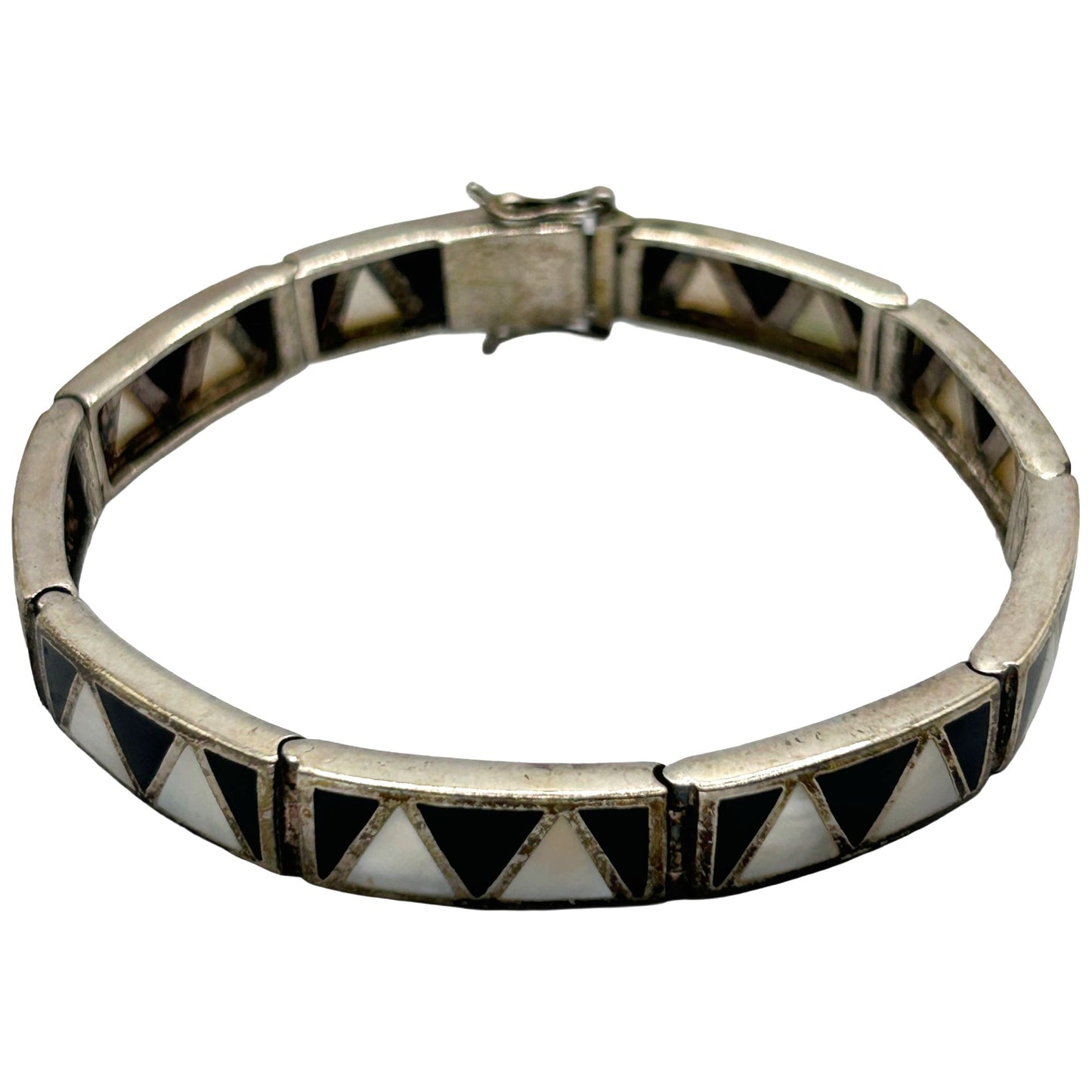 Vintage Sterling Silver Black Onyx & Mother of Pearl Inlay Link Panel Bracelet