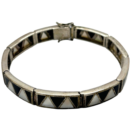 Vintage Sterling Silver Black Onyx & Mother of Pearl Inlay Link Panel Bracelet