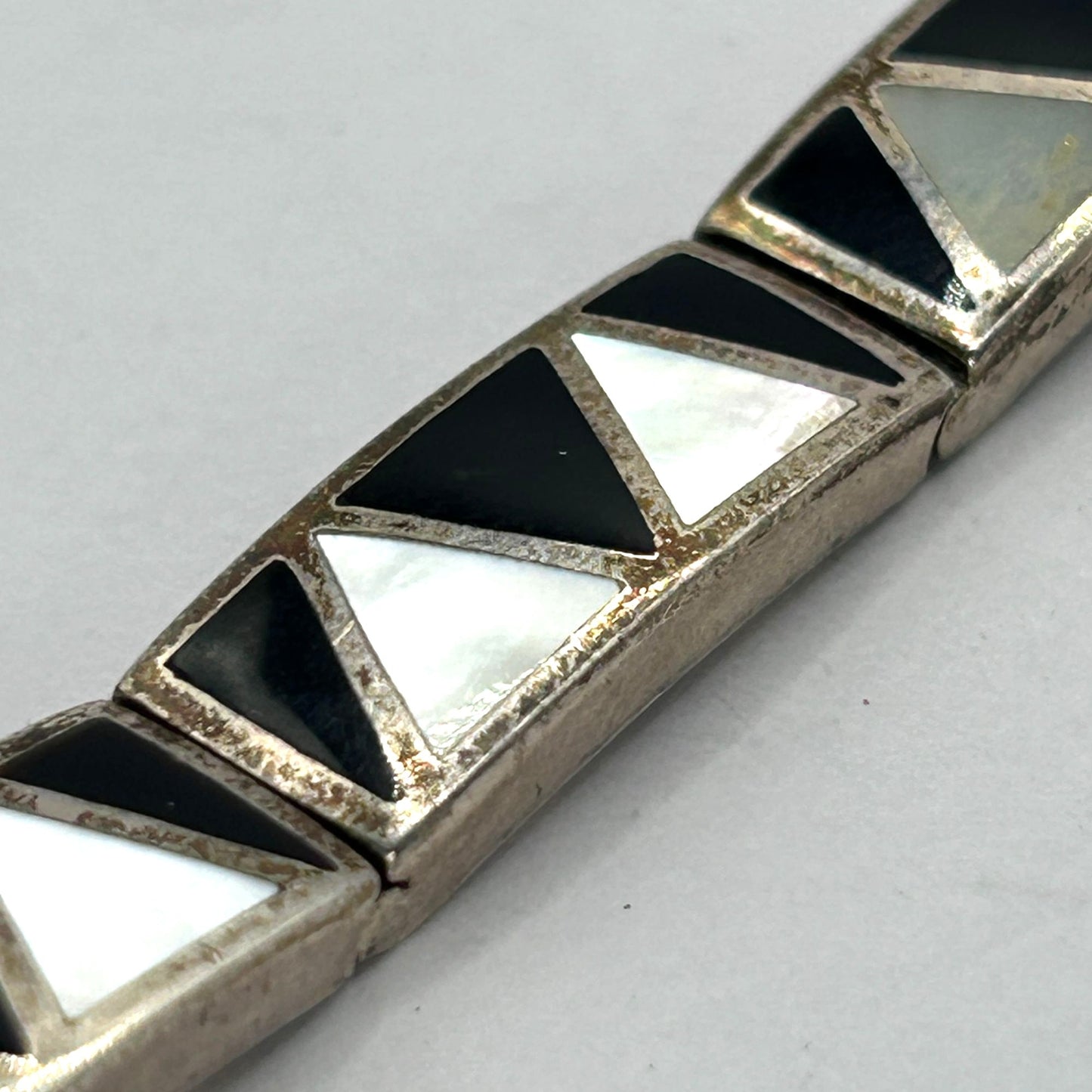 Vintage Sterling Silver Black Onyx & Mother of Pearl Inlay Link Panel Bracelet