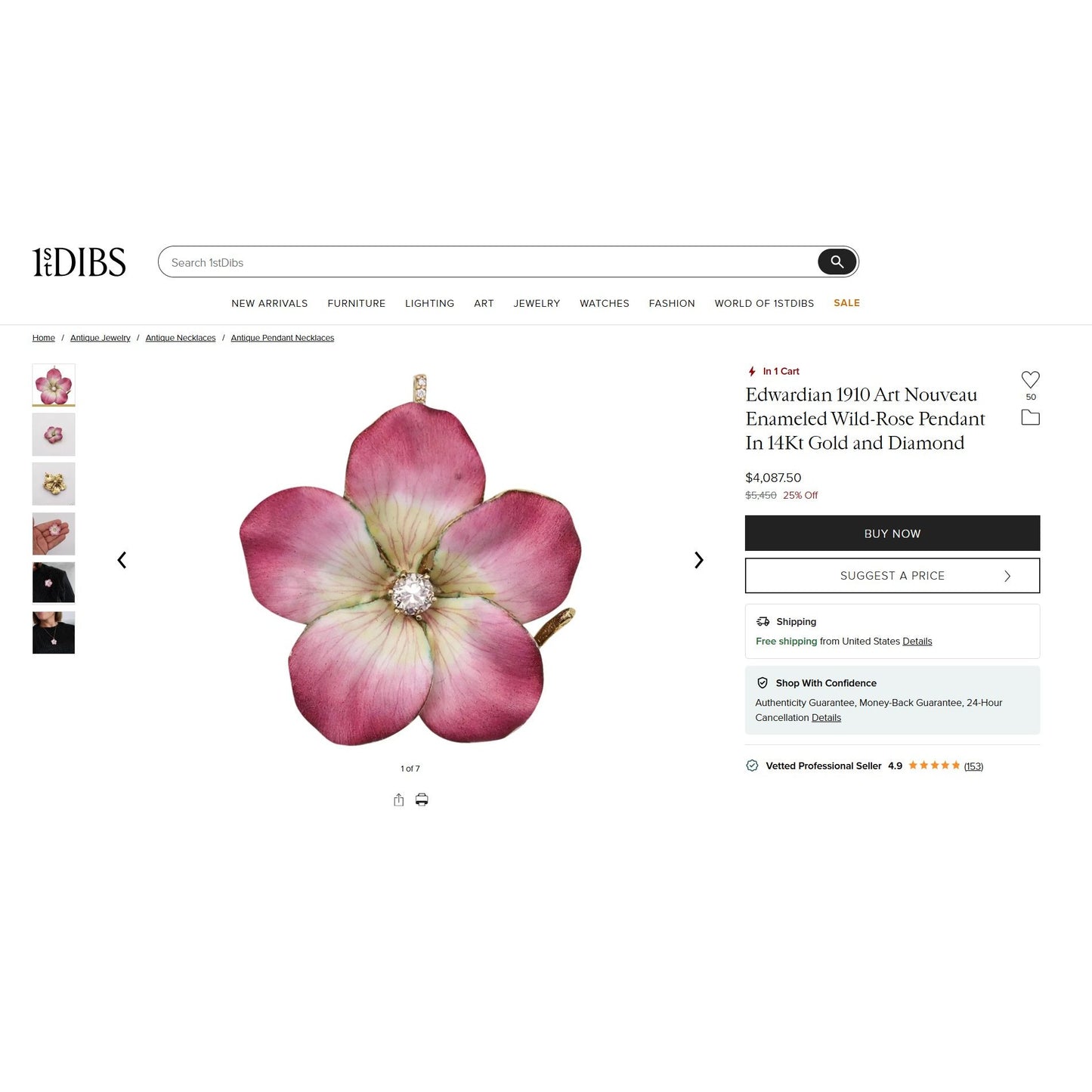 Art Nouveau Old Mine Diamond & Enamel Flower Brooch Pin Pendant 14k Gold