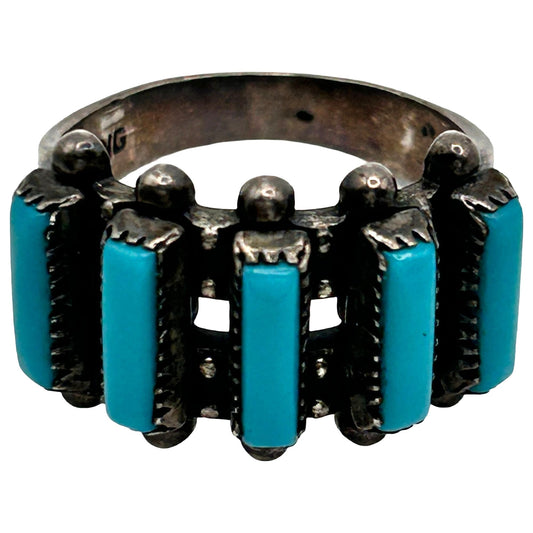 925 Sterling Silver Petit Point Old Pawn Synthetic Turquoise Ring - Size 6.75