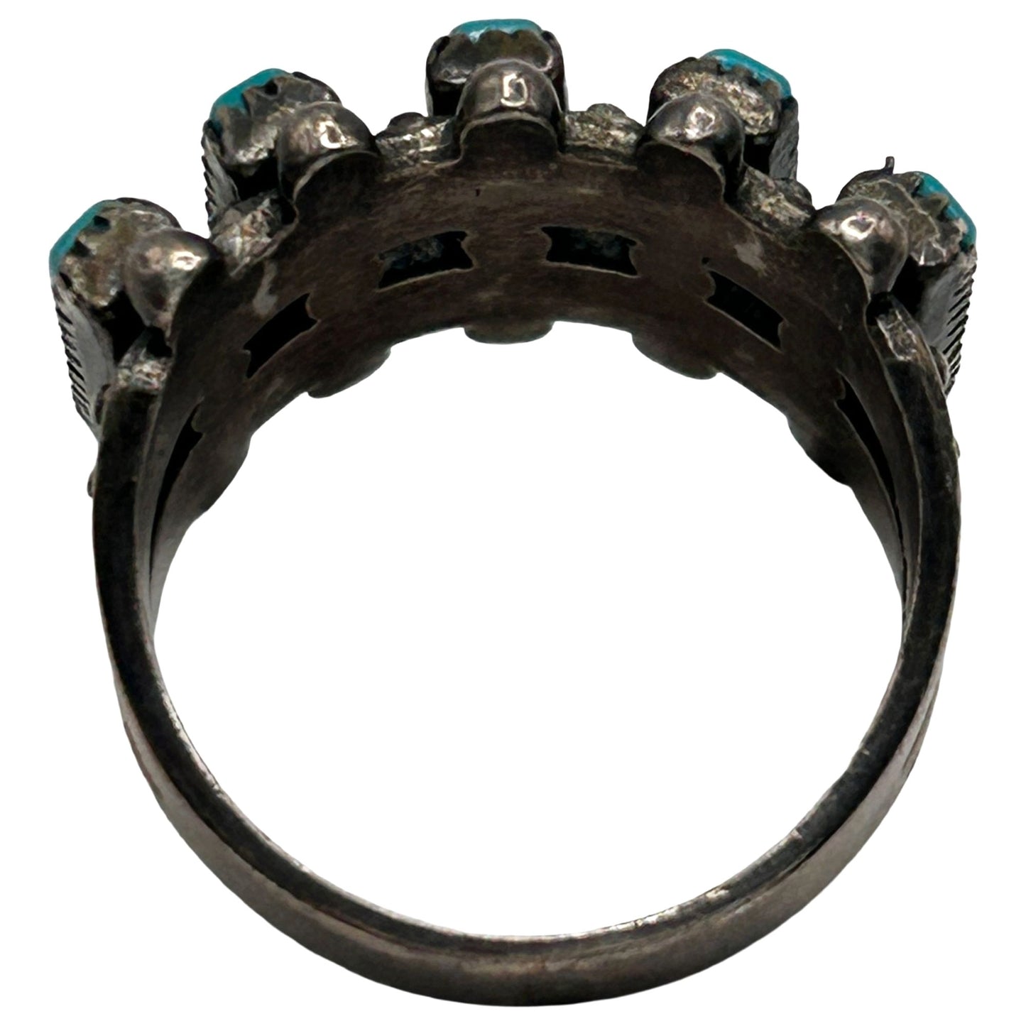 925 Sterling Silver Petit Point Old Pawn Synthetic Turquoise Ring - Size 6.75