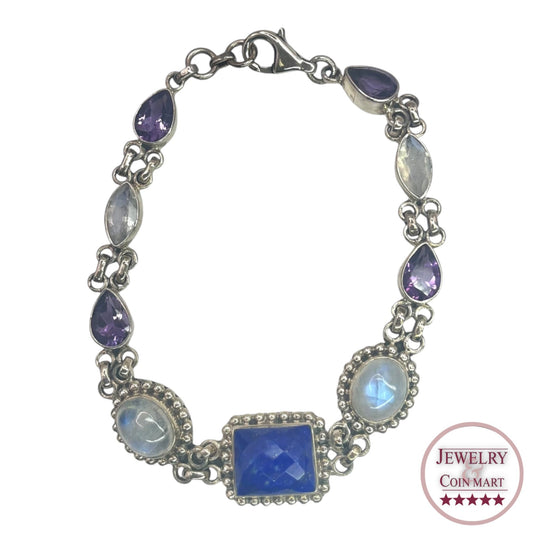 Nikki Butler Sterling Silver Link Bracelet Moonstone Amethyst Gemstone Colorful