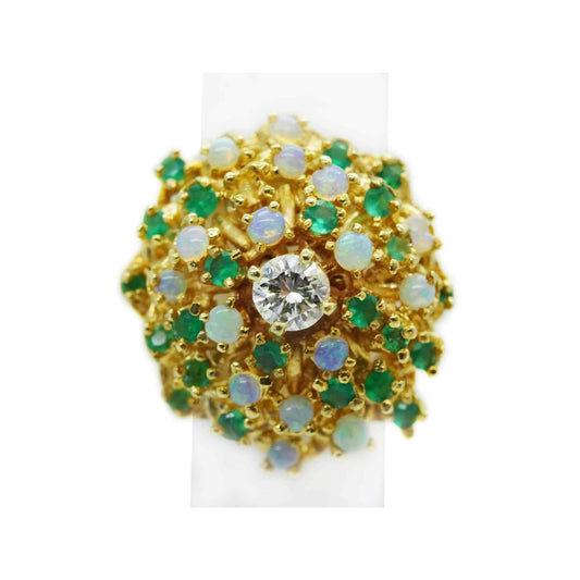 1.7ctw Natural Emerald Opal & Diamond Cluster Filigree Dome Ring 14k Gold Size 4