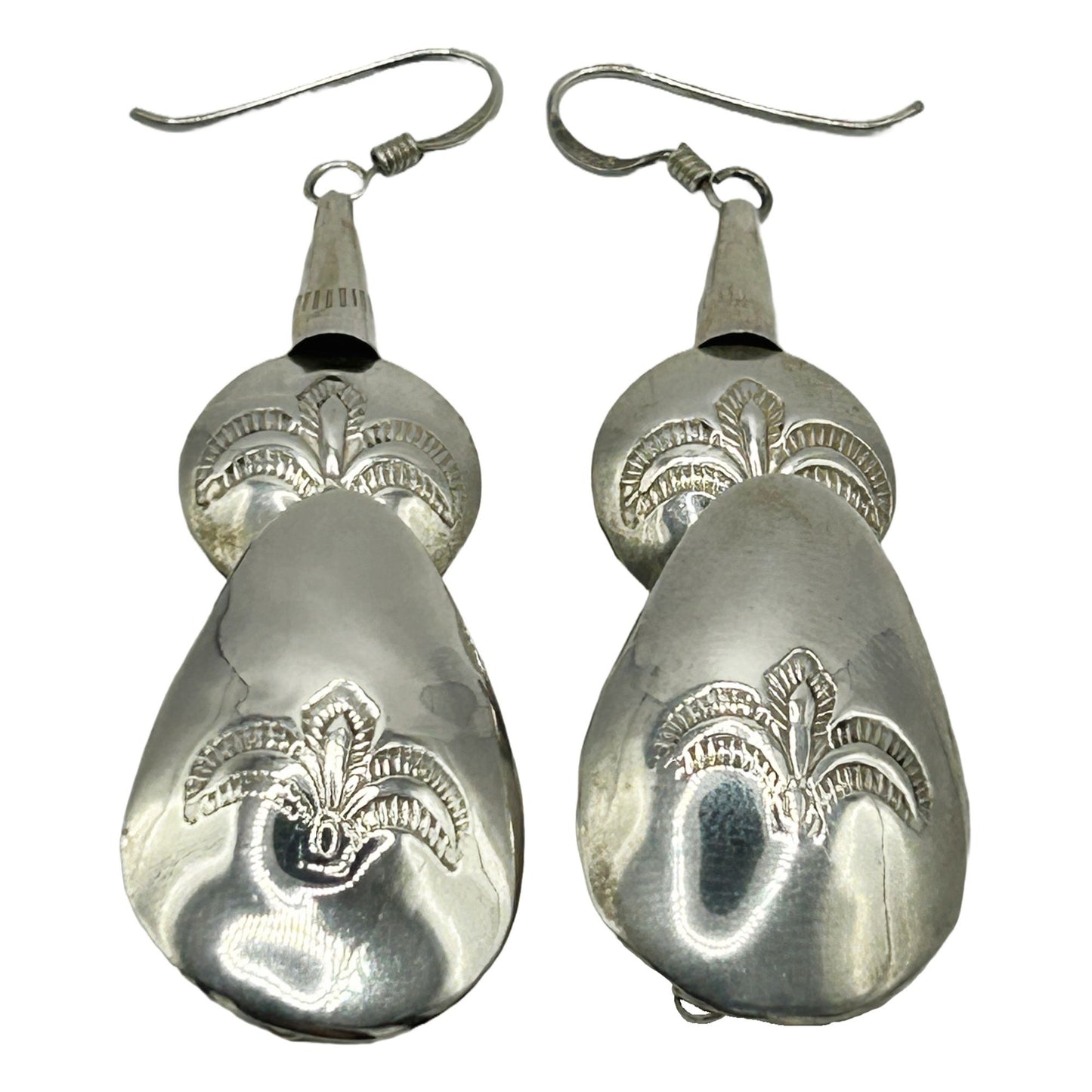 Sterling Silver Navajo Native American Concho Bead 2" Dangle Earrings - 7.4g