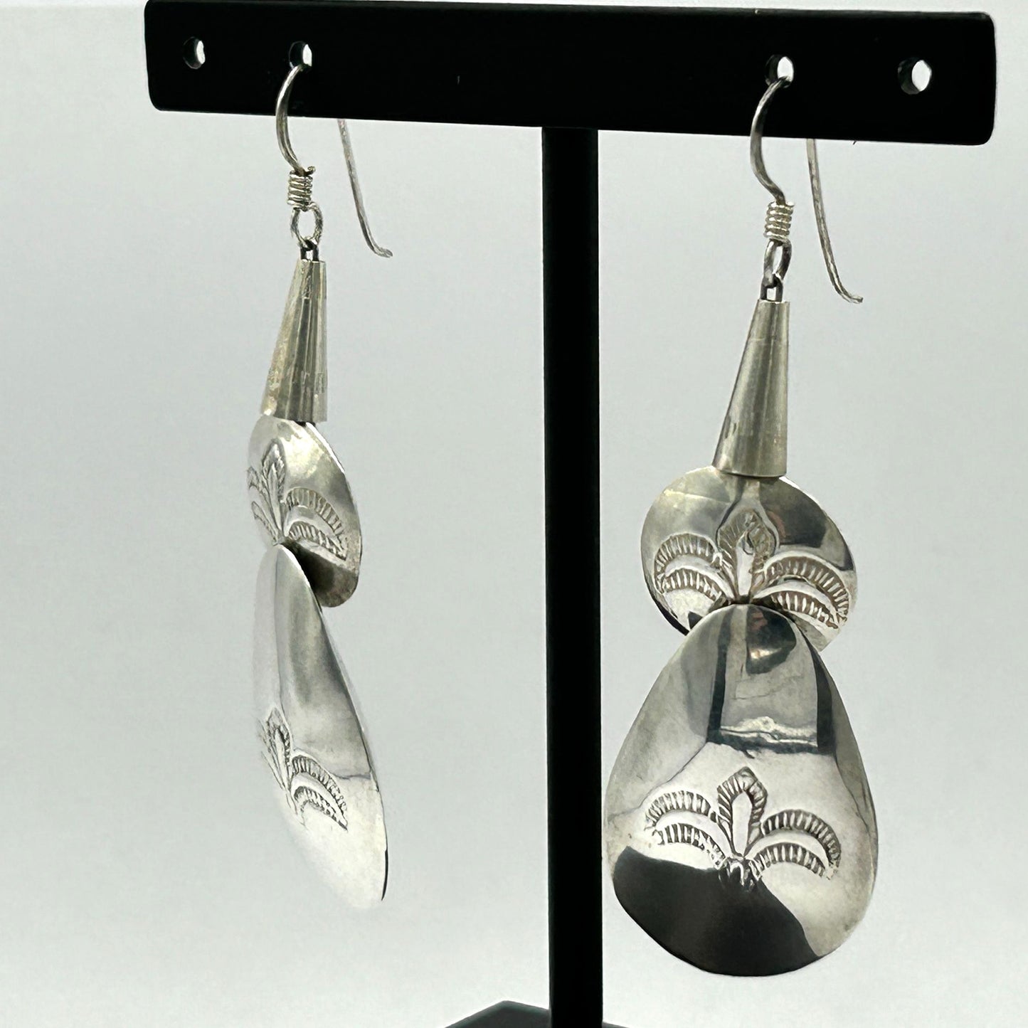 Sterling Silver Navajo Native American Concho Bead 2" Dangle Earrings - 7.4g